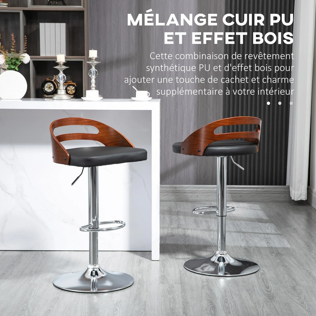 Conjunto de 2 bancos de bar, assento ajustável em altura, giratórios a 360°, revestimento sintético preto, encosto perfurado com efeito de madeira