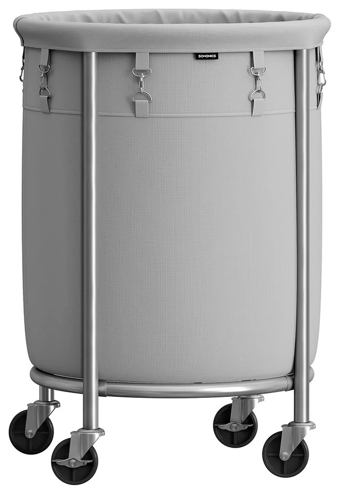 Cesto de roupa suja com rodas SONGMICS, carrinho de lavanderia 110L, cesto de roupa suja redondo com estrutura de aço e bolsa removível, 4 rodízios e 2 freios, cinza e prata RLS002G01