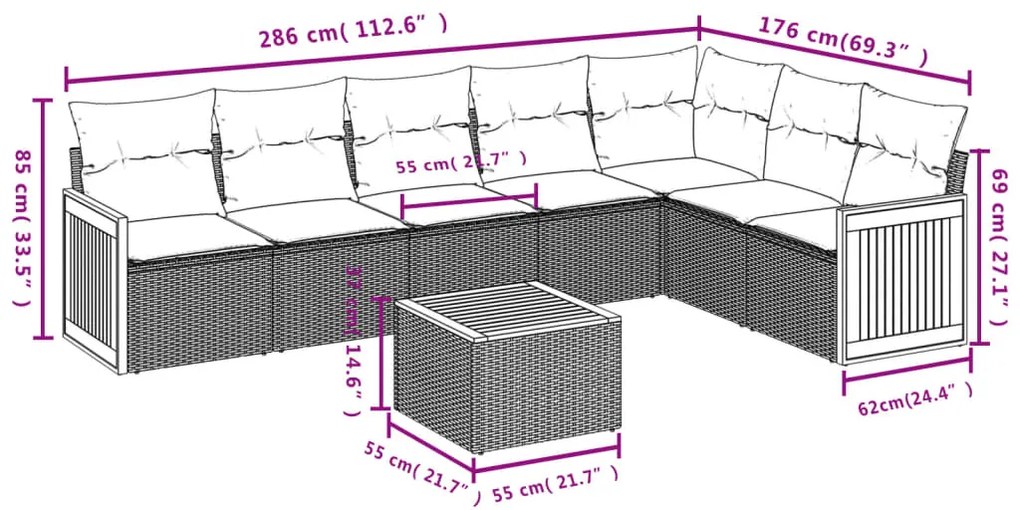 8 pcs conjunto sofás de jardim com almofadões vime PE preto