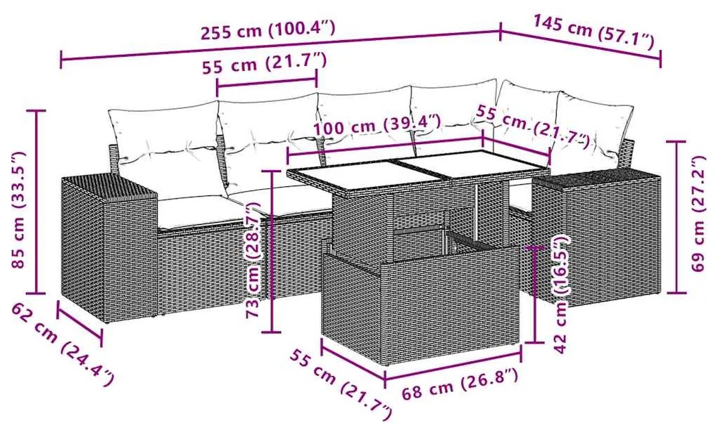 6 pcs conjunto sofás de jardim c/ almofadões vime PE preto