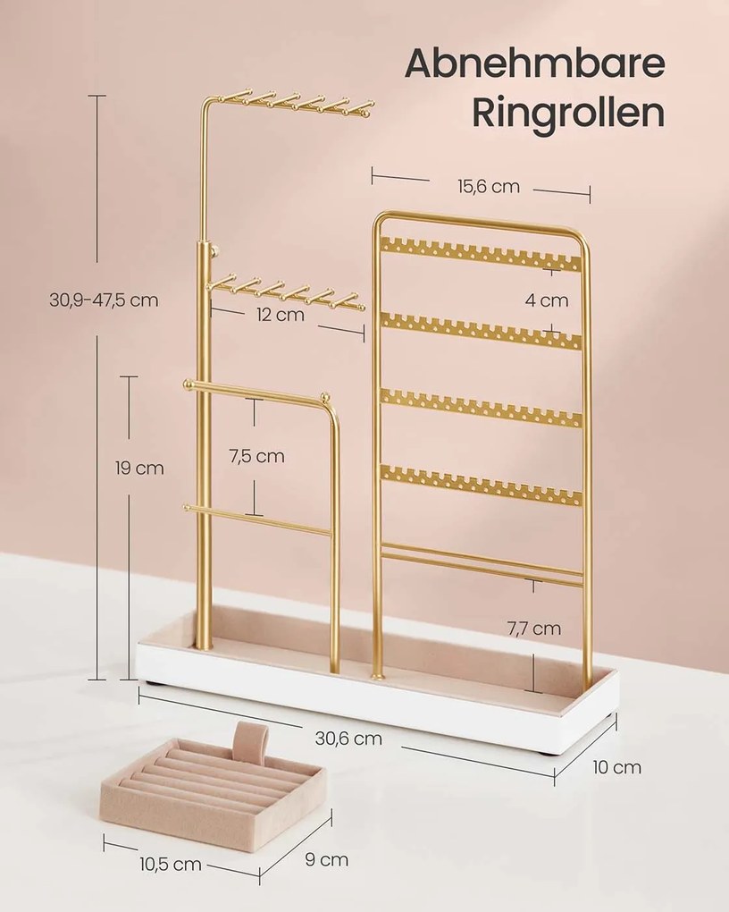 Suporte para joias em metal com bandeja em veludo 10 x 30,6 x (30,9-47,5) cm dourado
