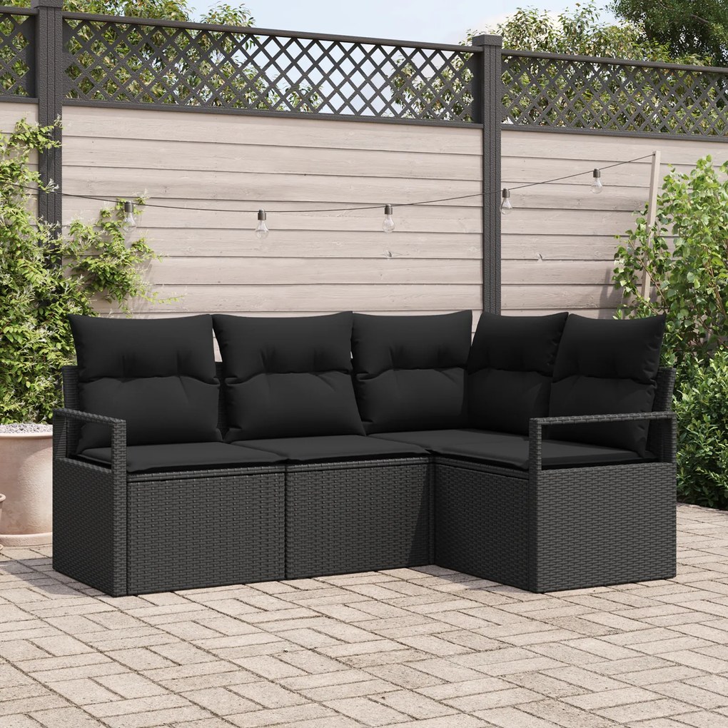 vidaXL Conjunto de Sofá de Jardim de 4 Peças com Almofadas Preto de Rattan Poliéster