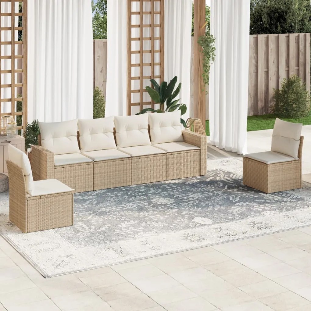 vidaXL 6 pcs conjunto de sofás p/ jardim com almofadões vime PE bege