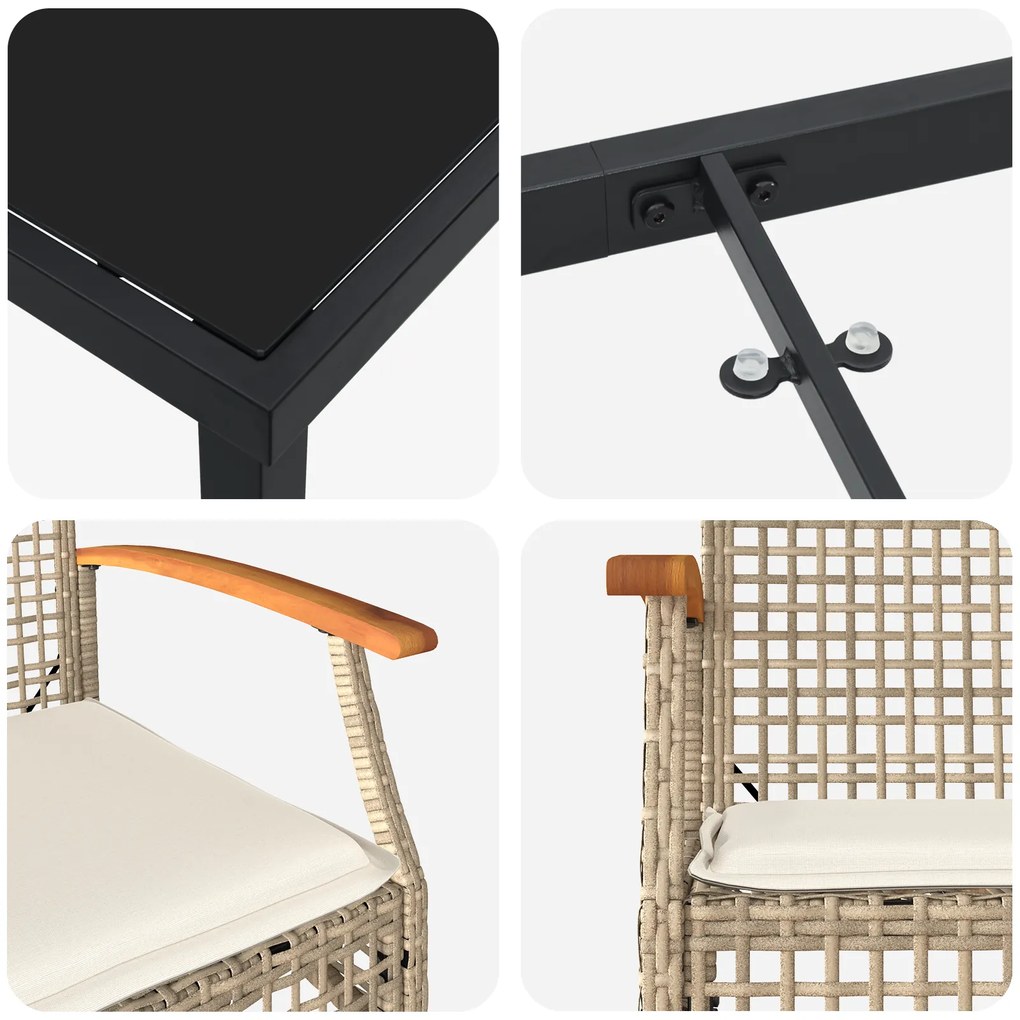 Conjunto de Jantar de Jardim 3 Peças com Almofadas Bege Rattan Polímer