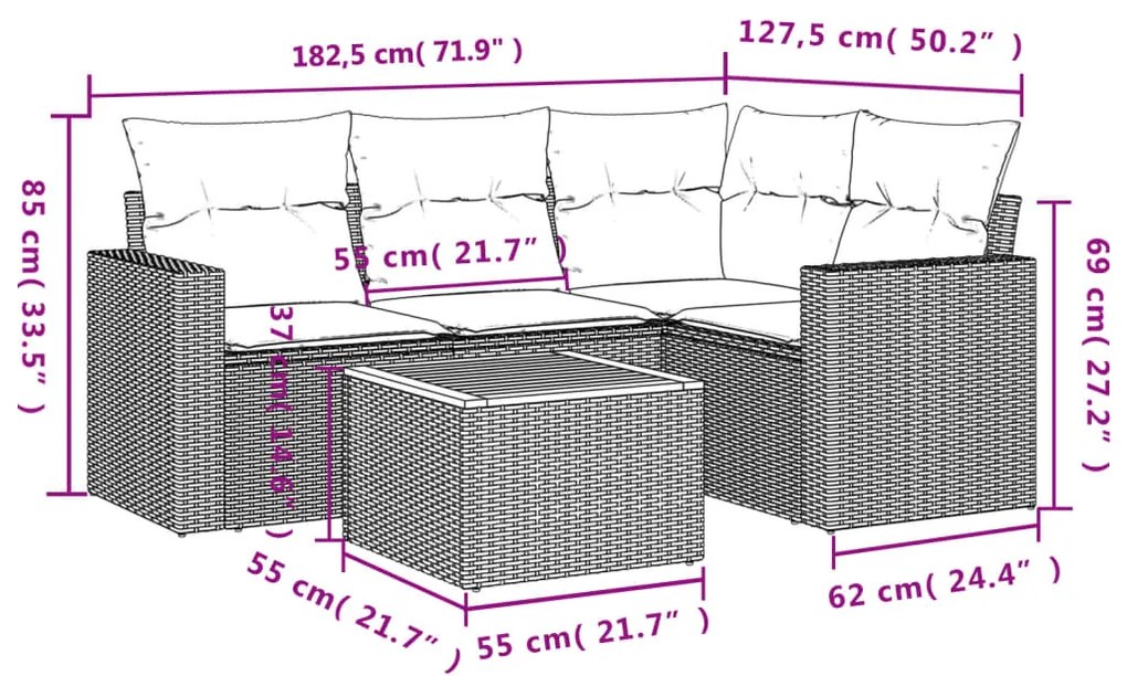 5 pcs conjunto sofás de jardim com almofadões vime PE preto