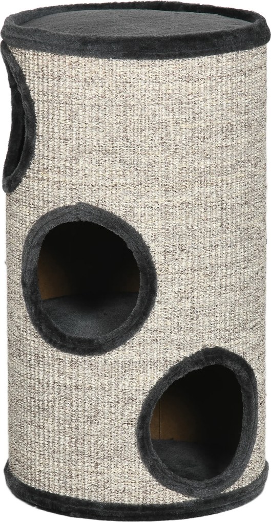 Barril para gatos arranharem, torre de arranhar em sisal com 3 níveis revestida a pelúcia, Ø 38 x 70 cm, cinzento claro
