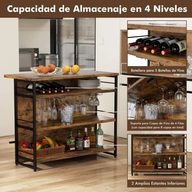 Mesa de bar alta Armário de bar de cozinha 4 níveis com 3 Estantes Prateleiras para vinhos Ilha de cozinha 120 x 60 x 101 cm Castanho