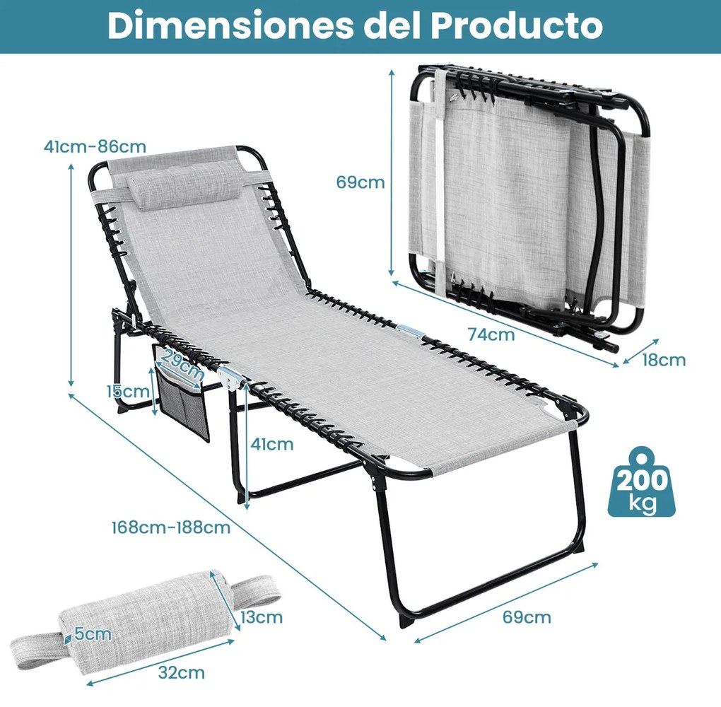 Espreguiçadeira dobrável Grande  para Jardim com encosto ajustável Almofada amovível para banhos de sol Cinzenta