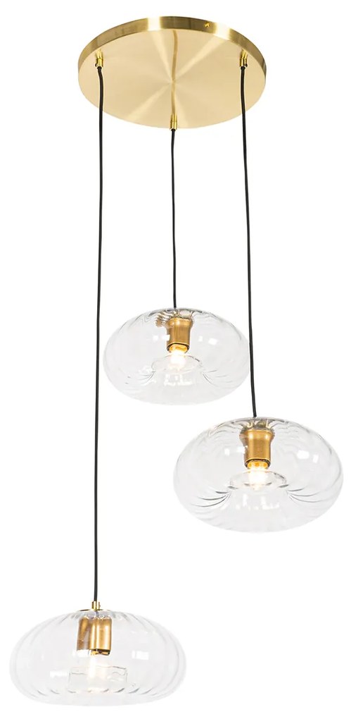 Candeeiro de suspensão Art Deco dourado com vidro redondo 3 luzes - Ayesha Art Deco