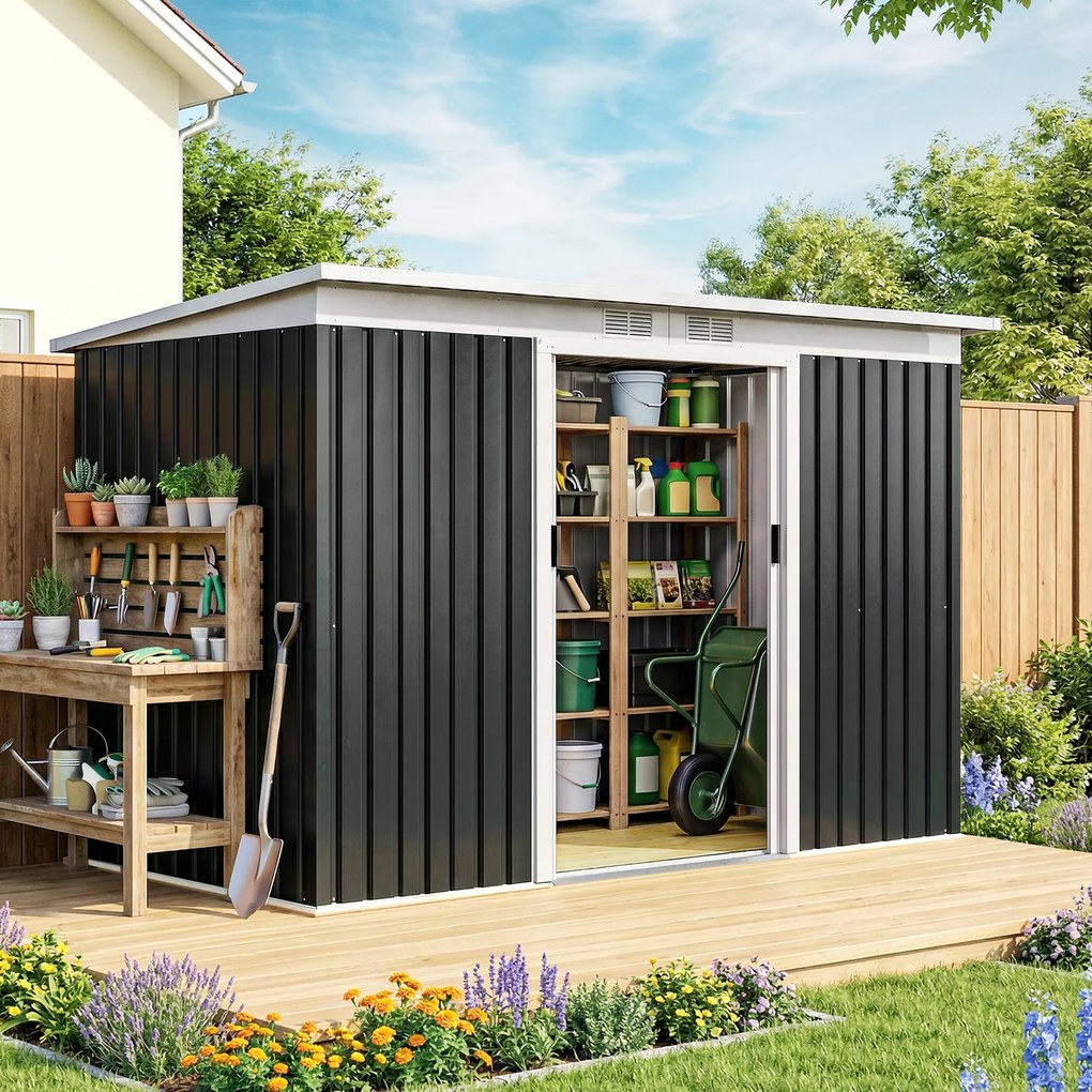 Abrigo de Jardim 280x130x172cm Abrigo de Exterior de Aço Galvanizado com Porta Corredeira e Ventilações Cinza Escuro