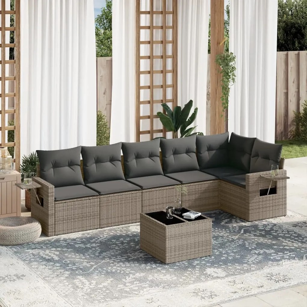 7 pcs conjunto sofás p/ jardim c/ almofadões vime PE cinzento