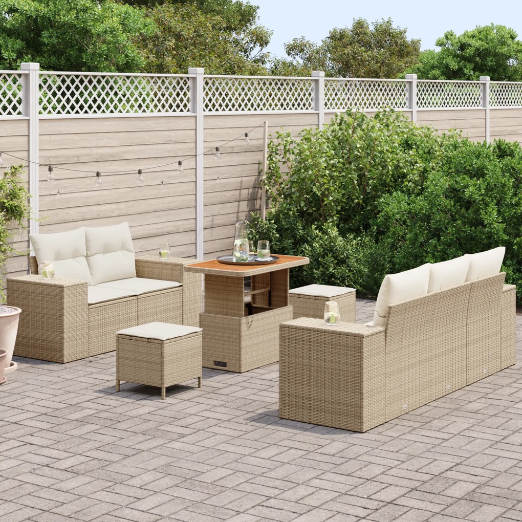 Conjunto de Sofá para Jardim com 8 Peças e Almofadas Bege de Rattan Po