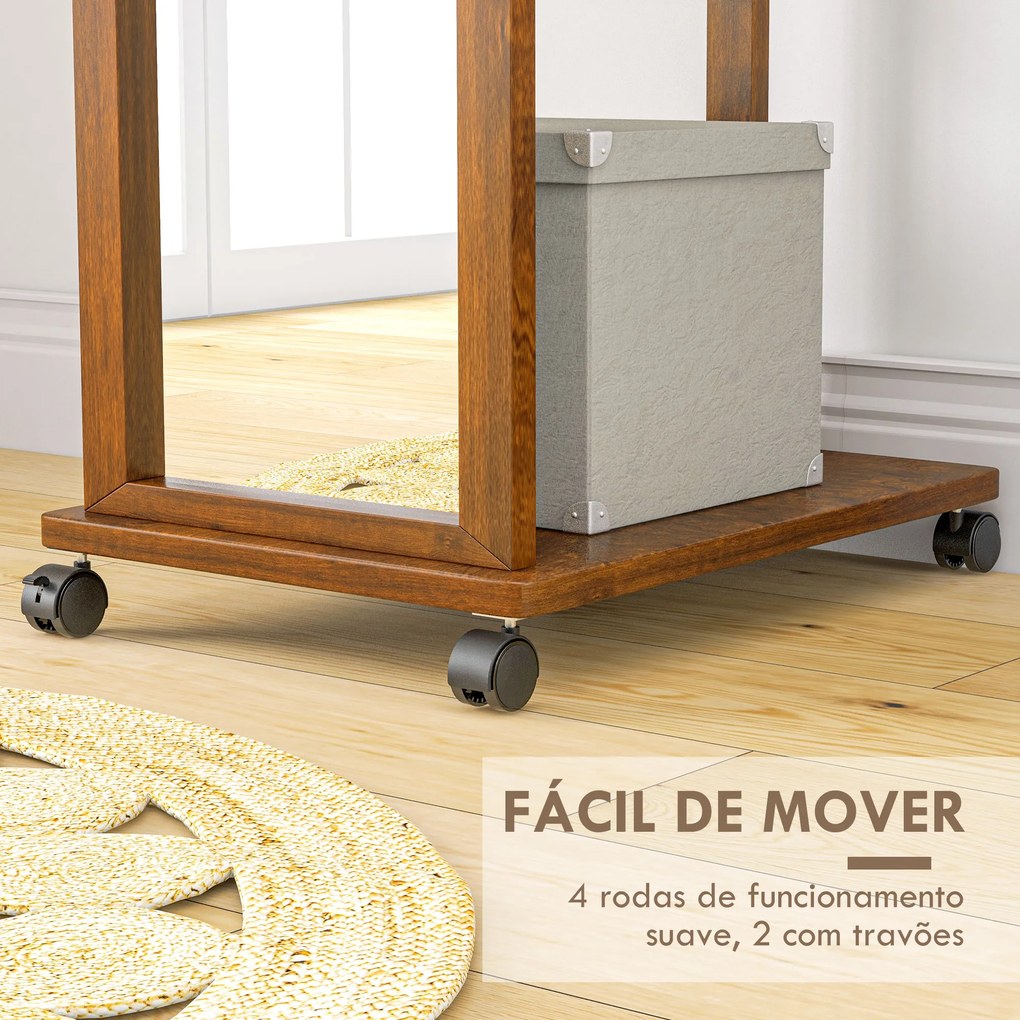Espelho de Pé com Rodas Espelho de Corpo Inteiro com Barra para Pendurar Roupa e Prateleira 35,5x49,5x167,8 cm Nogueira
