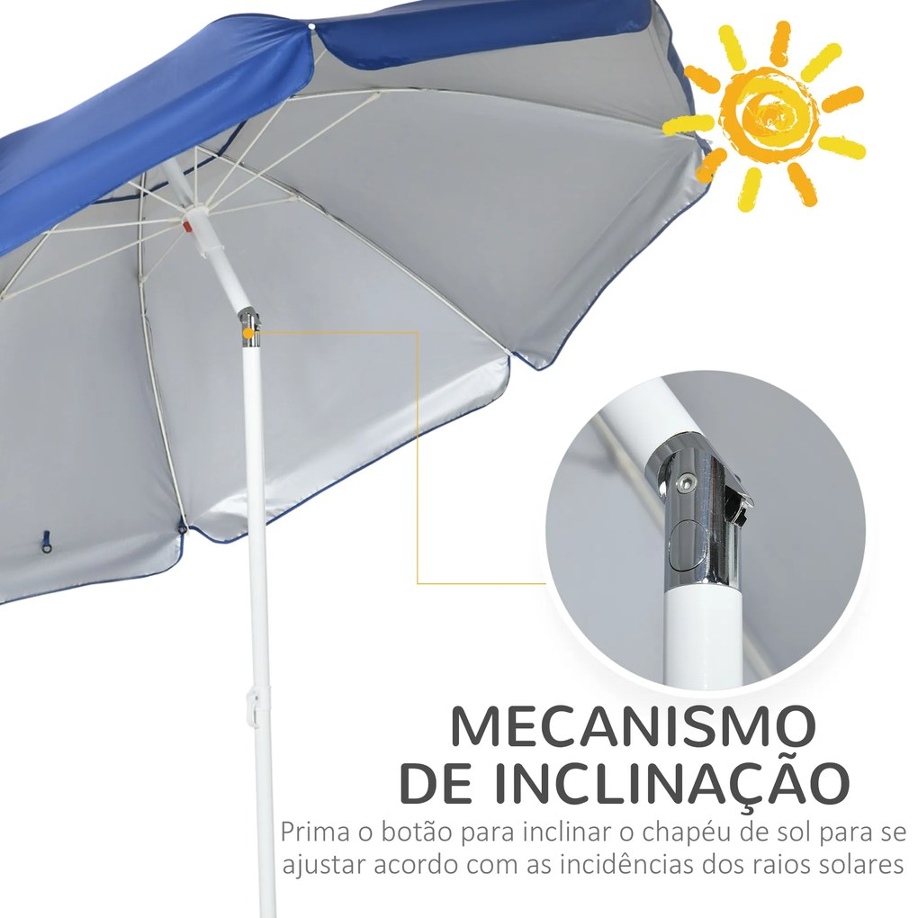 Chapéu de Sol de Praia com Painel Lateral Manivela Manual Teto Inclinável 2 Bolsos e 2 Janelas Ø191x211 cm Azul