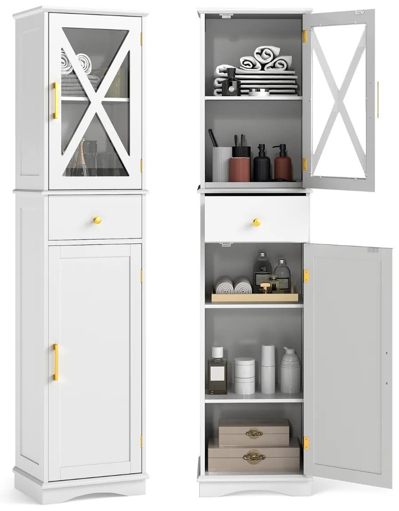 Armário alto para casa de banho estreito com gaveta 40 x 30 x 168 cm, 2 portas e 3 prateleiras branco