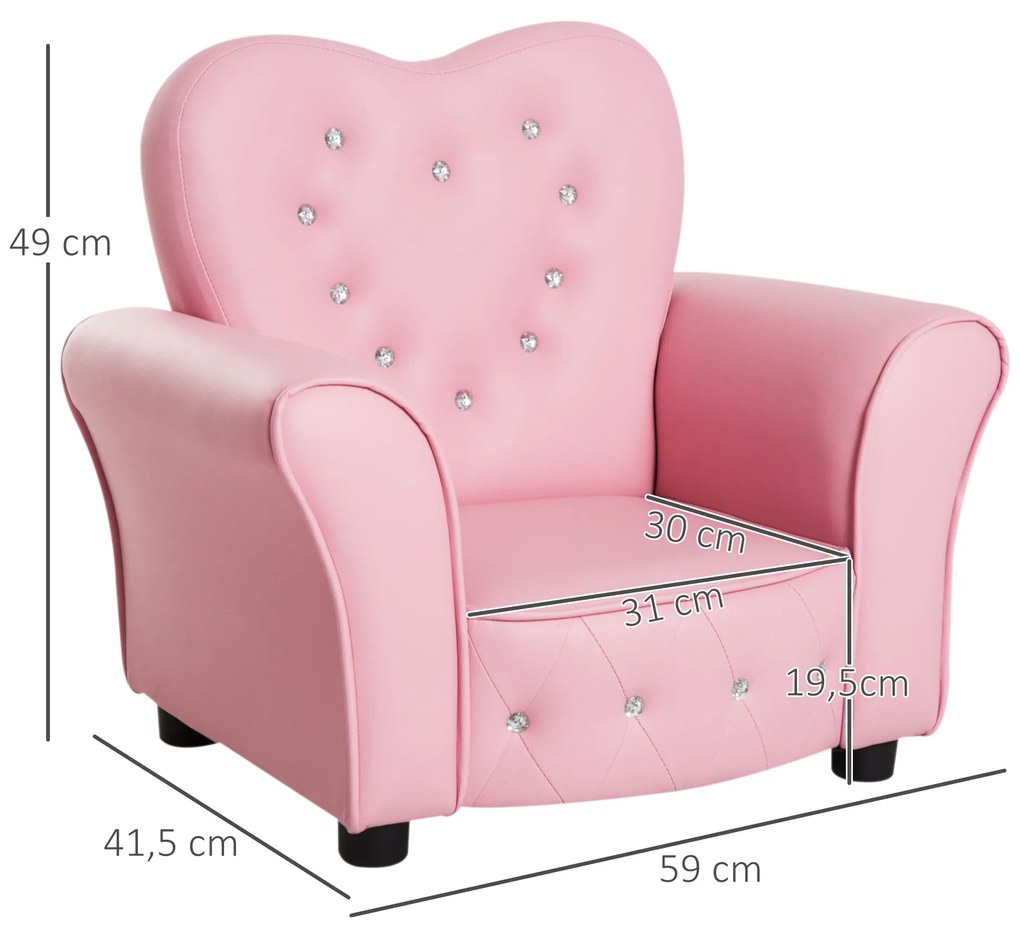 Sofá Infantil para Crianças em Forma de Coração com Assento Apoio para os Braços Acolchoados Encosto Alto 59x41,5x49cm Rosa