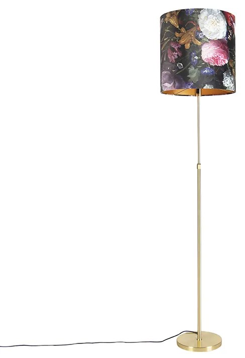 Candeeiro de pé dourado/latão com abat-jour em veludo com flores 40/40 cm - Parte Clássico / Antigo