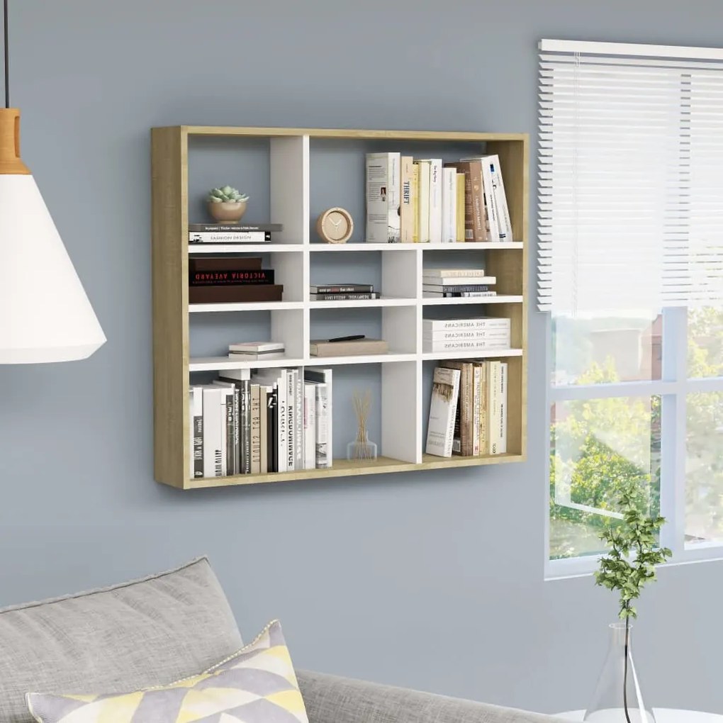 vidaXL Estante de parede 90x16x78 cm contrap. branco e carvalho sonoma