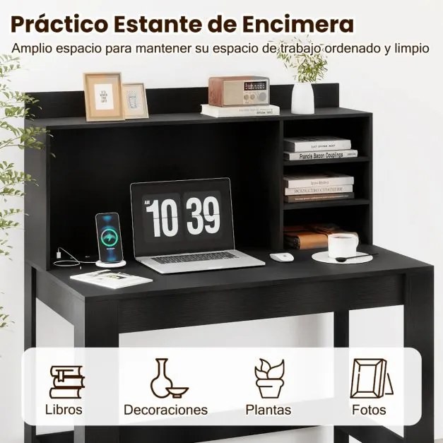 Secretária de computador 108 x 60 x 125 cm com estante com tomadas e orifício para cabos Preta