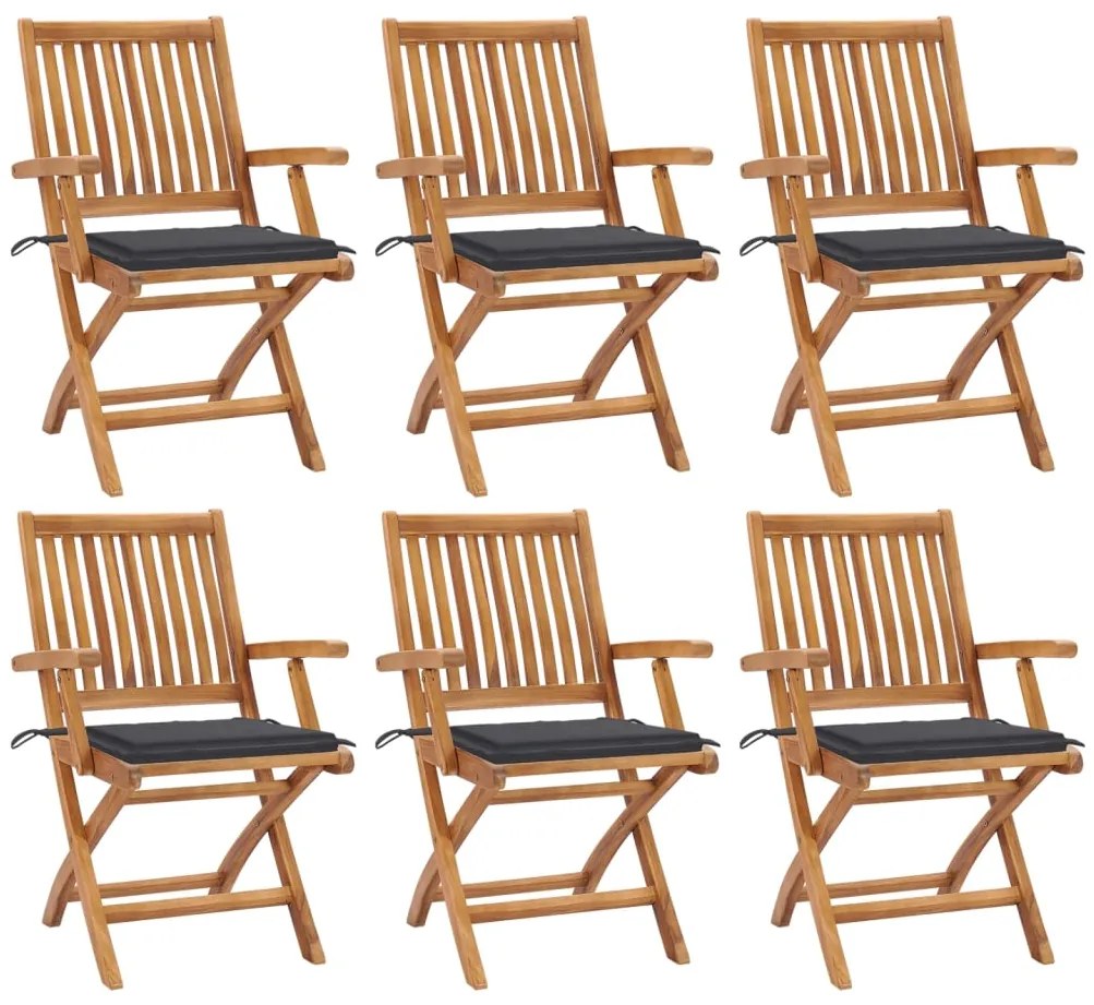 vidaXL Cadeiras de jardim dobráveis c/ almofadões 6 pcs teca maciça