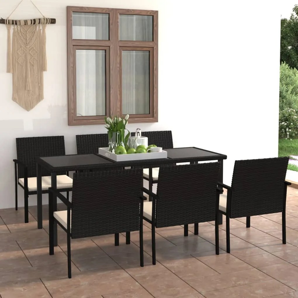 7 pcs conjunto de jantar para jardim vime PE preto