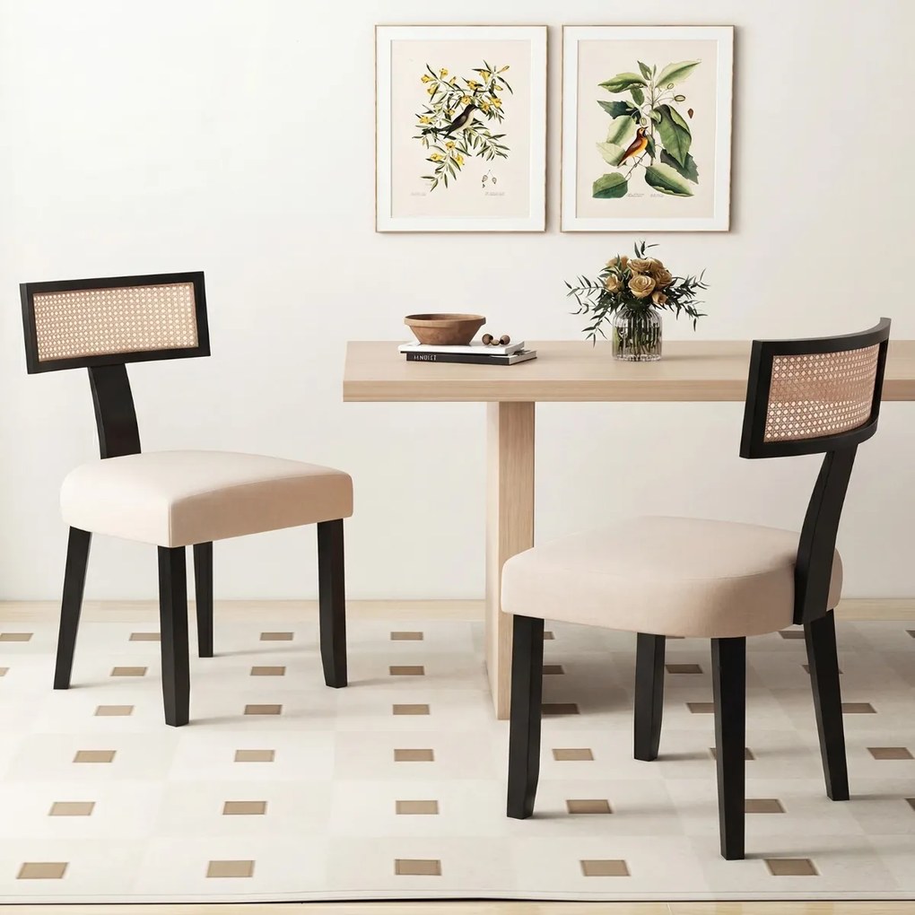 Conjunto de 2 cadeiras de jantar em madeira de borracha, com assento estofado, encosto largo e rattan; para sala de estar, quarto ou restaurante; pret