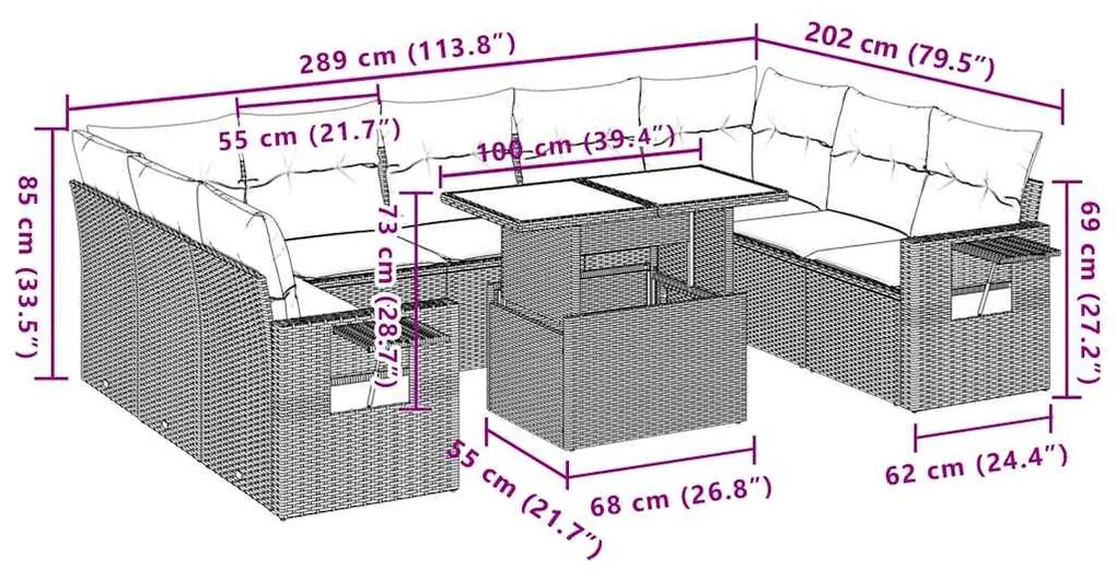 10 pcs conjunto sofás de jardim c/ almofadões vime PE preto