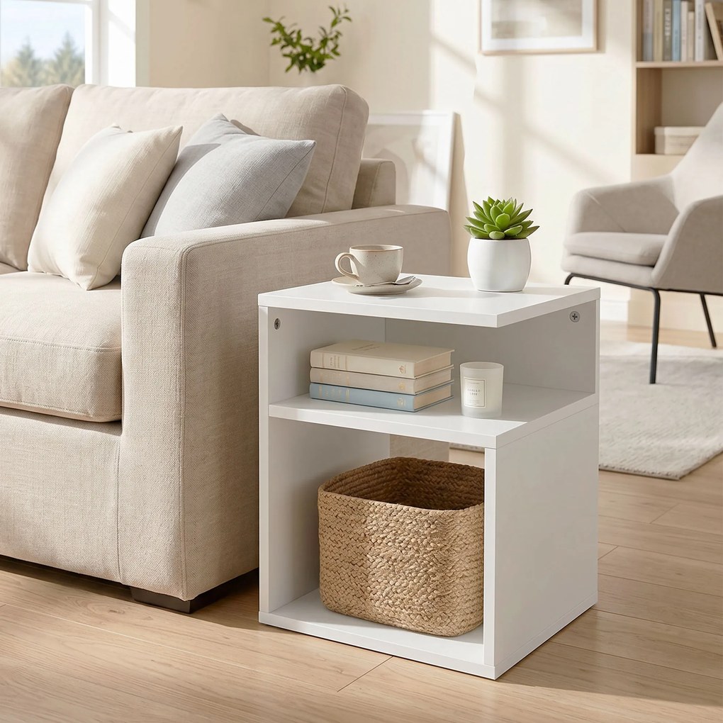 Mesa auxiliar, mesa de centro moderna 35 x 35 x 41,5 cm de 3 níveis com prateleiras abertas, para sala de estar, quarto ou escritório, branca