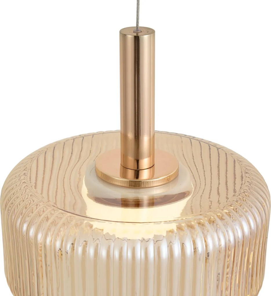 Candeeiro Suspenso de Design Ouro Rosa com Vidro Âmbar, LED Integrado Regulável em 3 Passos, 3 Luzes, Easylift - Fiera