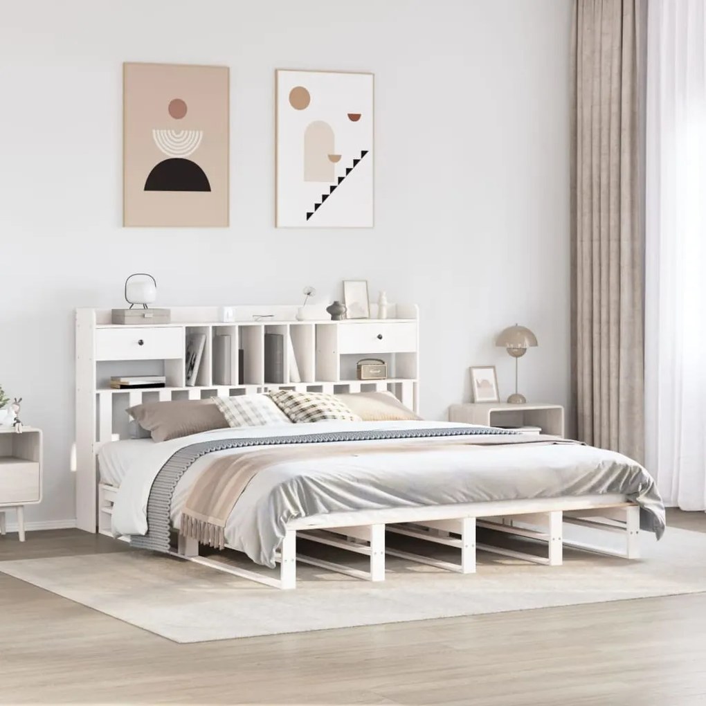 Cama com estante sem colchão 200x200 cm pinho maciço branco