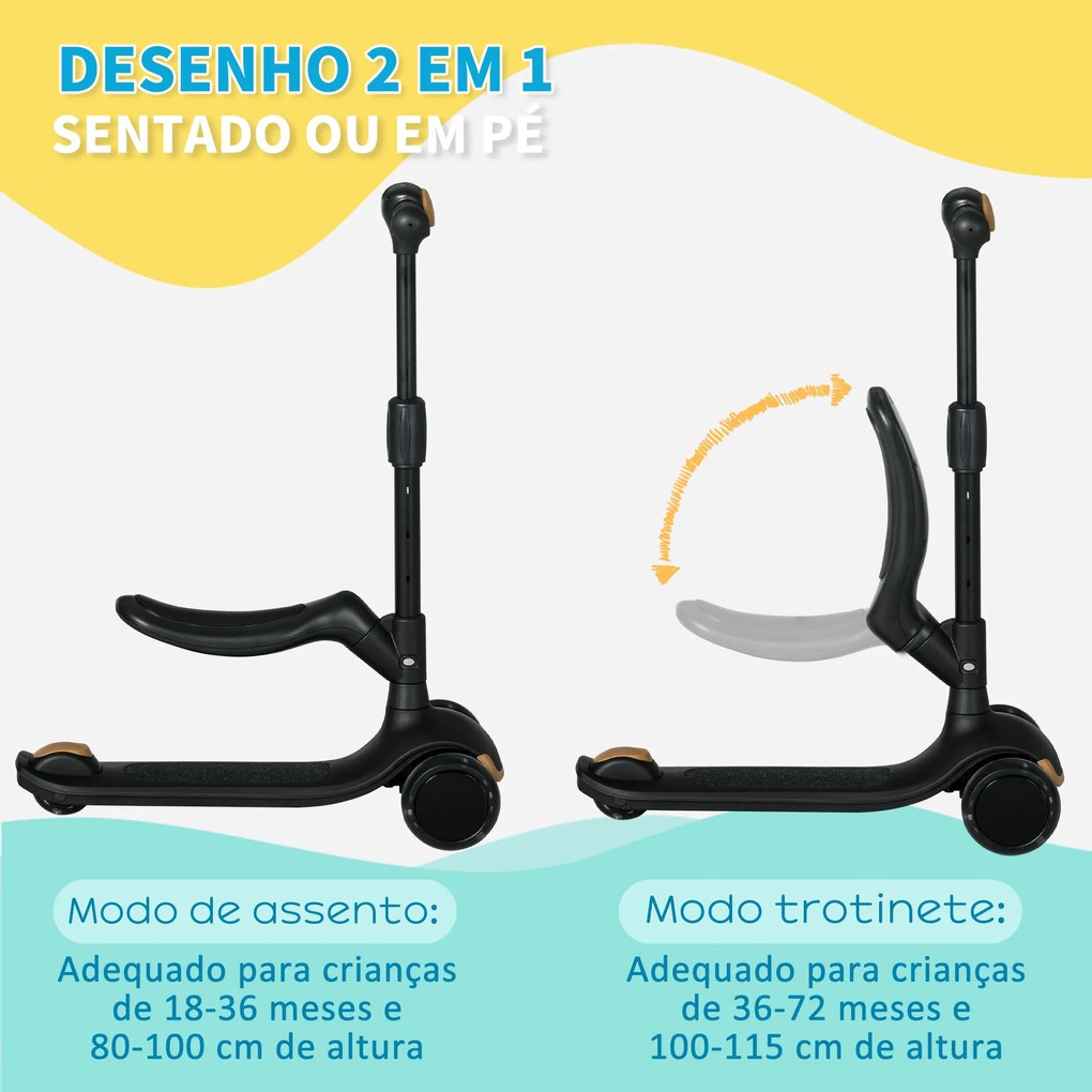 Trotinete para Crianças 2 em 1 com Altura Ajustável 3 Rodas Brilhantes e Assento para +18 Meses 58x31x64-79 cm Preto