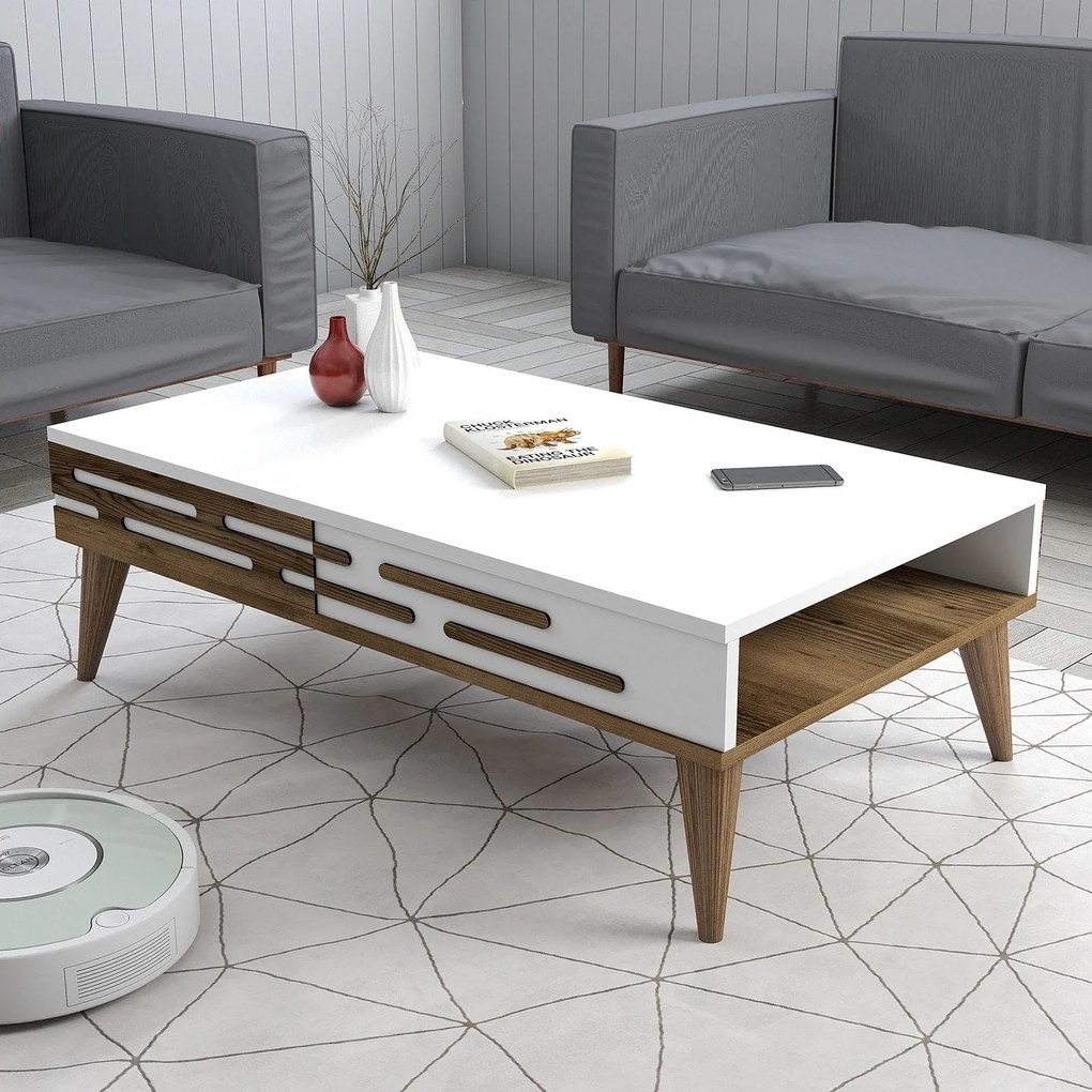 Mesa de Centro Valensiya – Nogueira e Branco – 105 cm x 60 cm x 34,6 c
