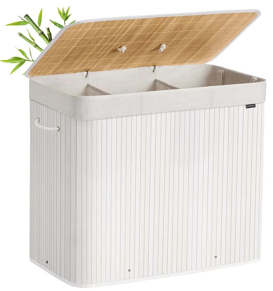 Cesto para roupa suja em bambu com 3 compartimentos 70 x 40 x 61 cm branco