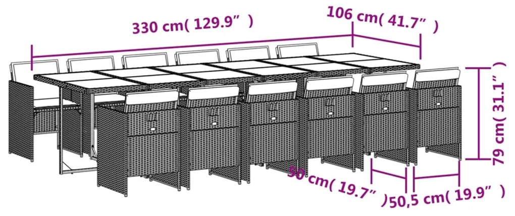 13 pcs conjunto jantar p/ jardim c/ almofadões vime PE cinzento