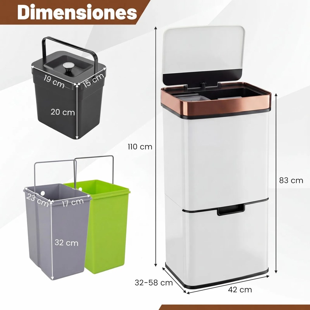 Caixote Lixo do Lixo para Cozinha com Sensor de Movimento, 42 x 32-58 x 84-110 cm, Dupla Extração, Branco