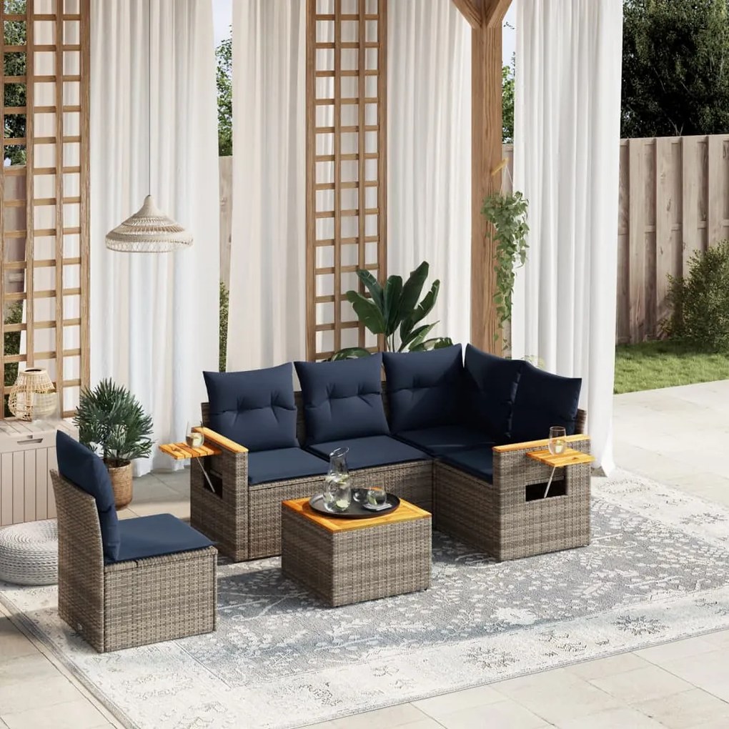 6 pcs conjunto sofás p/ jardim c/ almofadões vime PE cinzento