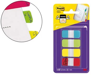 Bandas Separadoras Post-it Index Rigidas Dispensador 4 Cores Amarelo Azul Lima e Vermelho Mini 4x10 mm Pack de 40 Unida