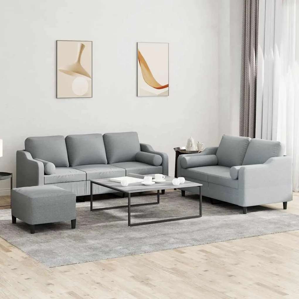 3 pcs conjunto de sofás com almofadas tecido cinzento-claro