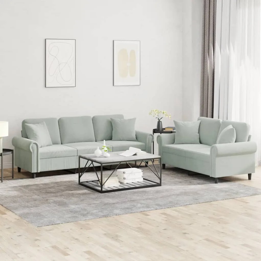 3202270 vidaXL 2 pcs conjunto de sofás com almofadas veludo cinzento-claro