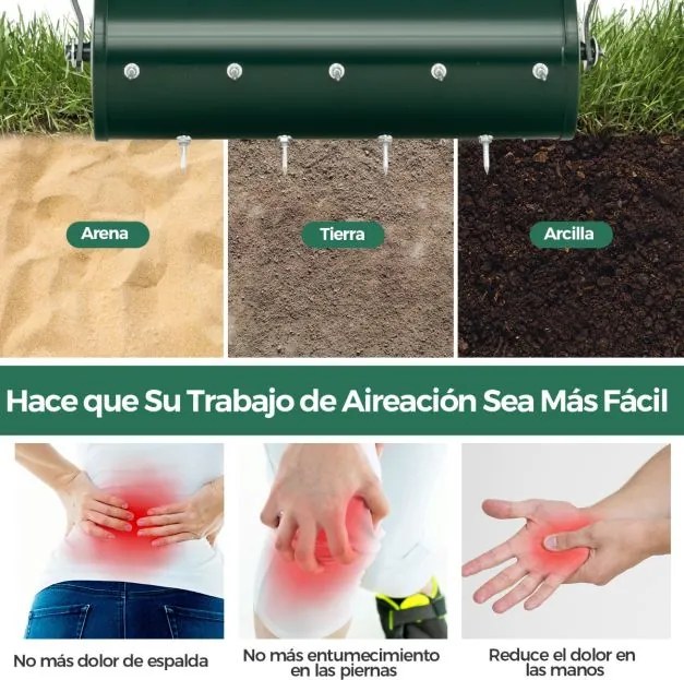 Rolo para relva com arejador de relva com rodas de 44 cm Cabo amovível de 128 cm e dentes para jardim e pátio Fácil de montar Verde