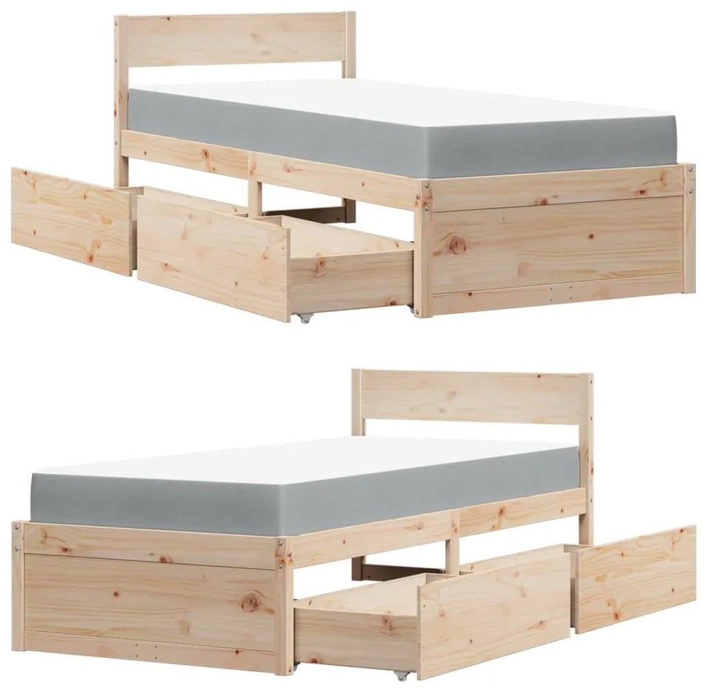 Cama com gavetas e colchão 90x190 cm madeira de pinho maciça