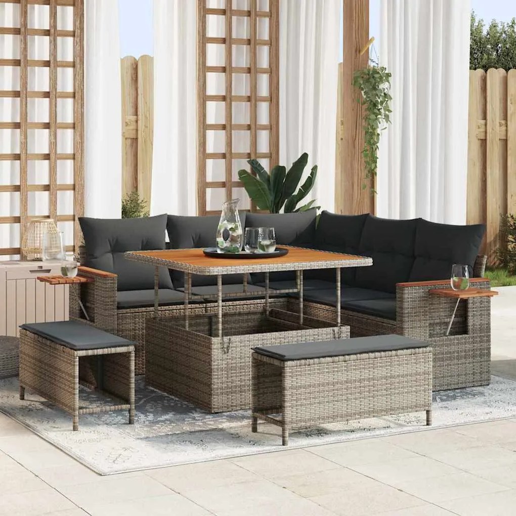 vidaXL Conjunto de Sofás de Jardim de 8 Peças com Almofadas Cinzas em Rattan de Poliéster e Madeira de Acácia