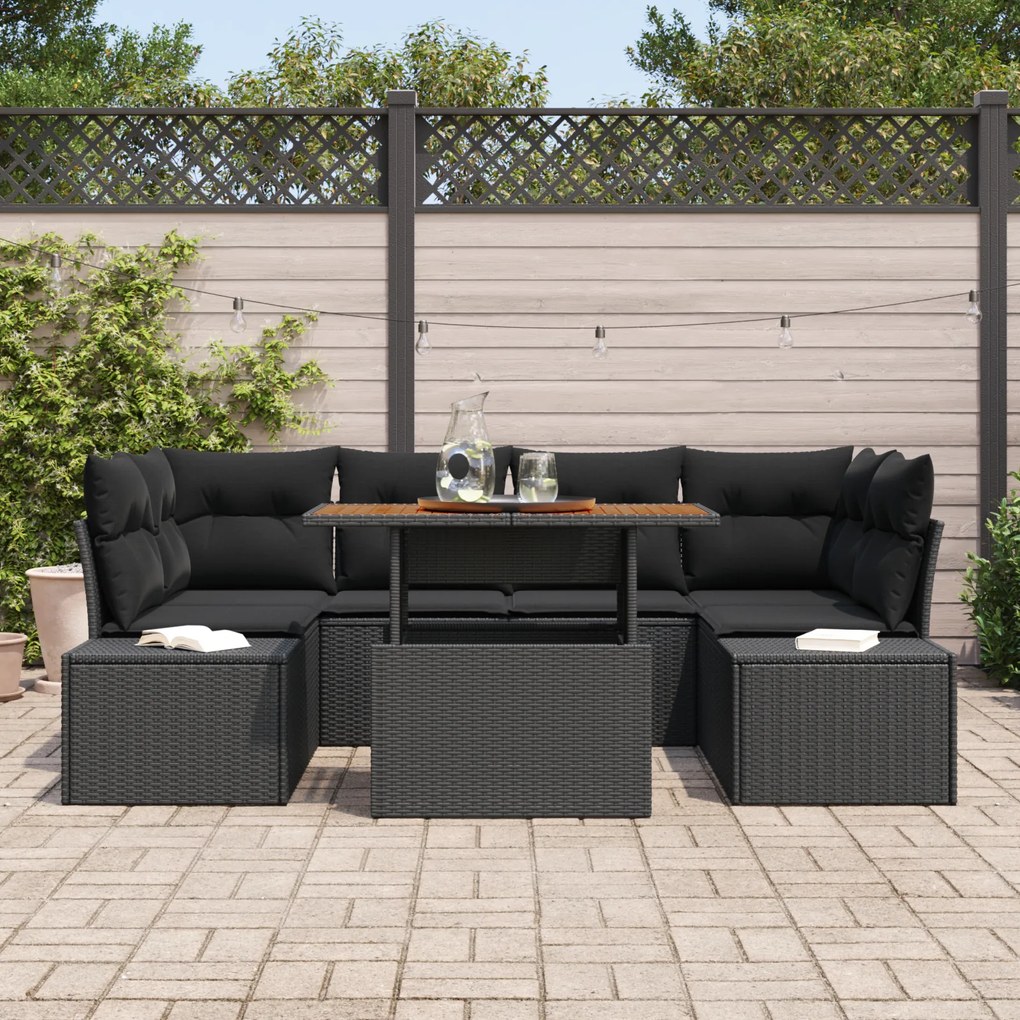 Conjunto de Sofá de Jardim de 7 Peças com Almofadas Pretas em Rattan P