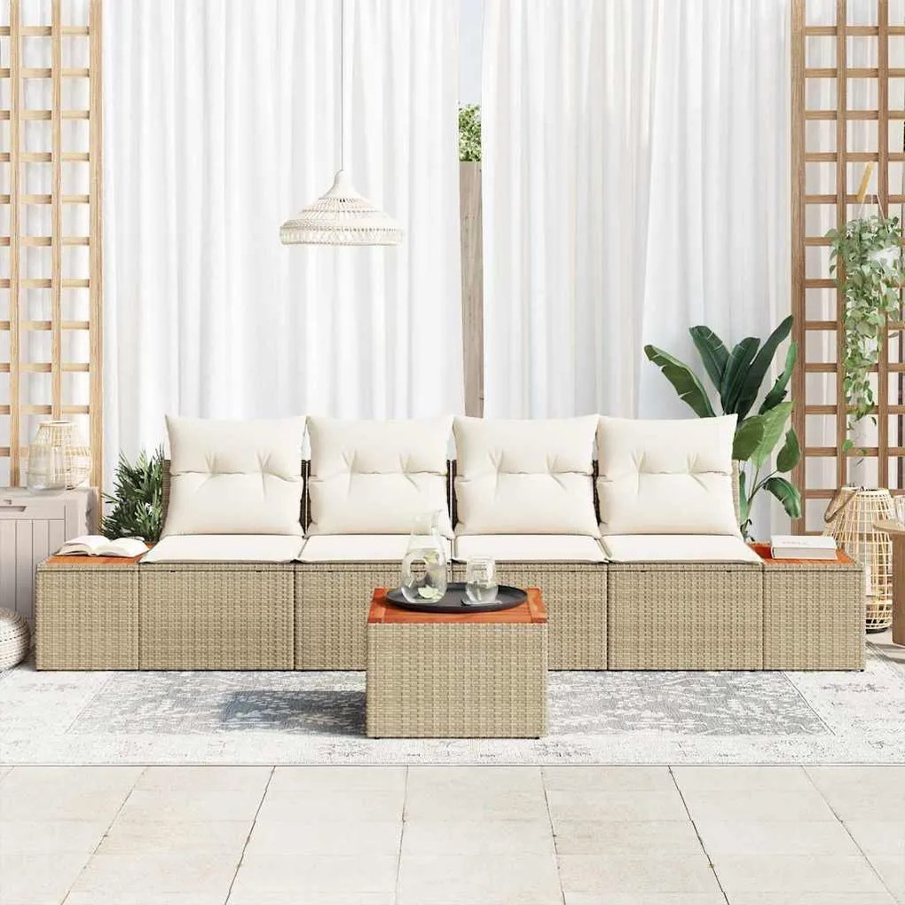 Conjunto de Sofá de Jardim com 5 Peças e Almofadas Bege em Rattan Poli