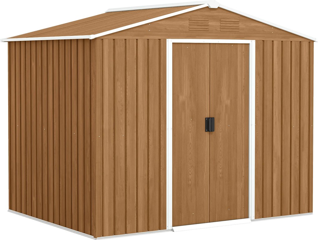 Outsunny Casinha de Jardim em Chapa de Aço com Portas Deslizantes, 236x174x190cm, Marrom | Aosom Portugal