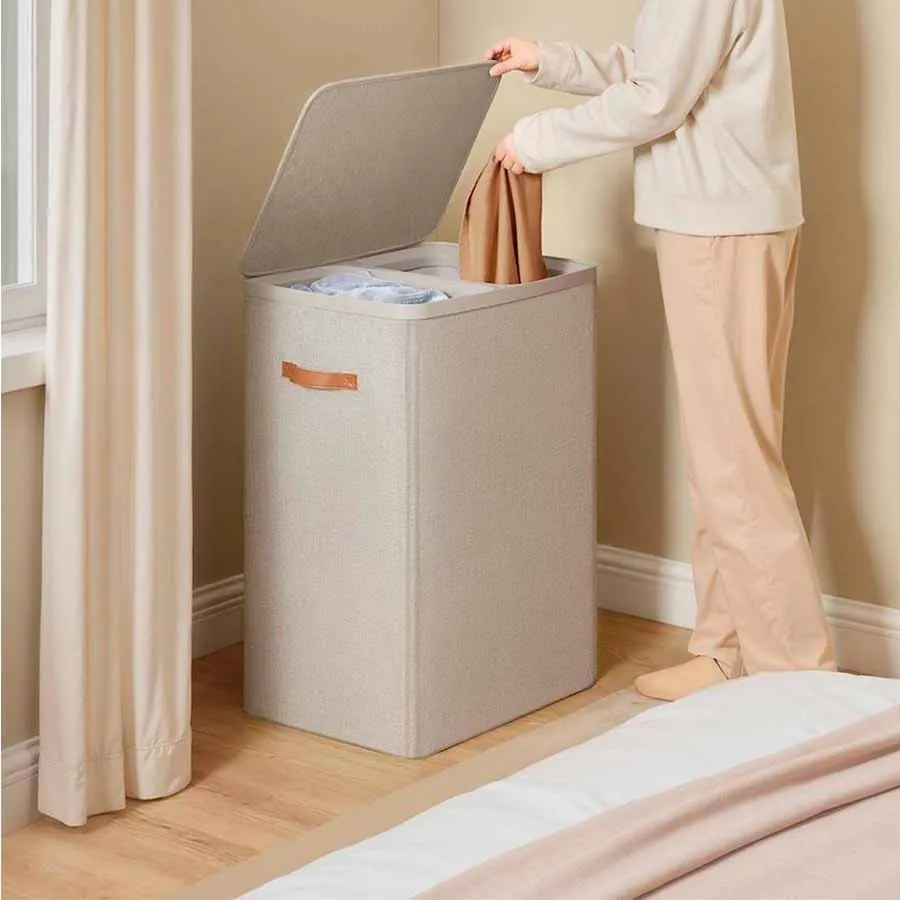 Cesto para roupa suja 170 L com 2 compartimentos 56 x 40 x 75 cm bege cappuccino