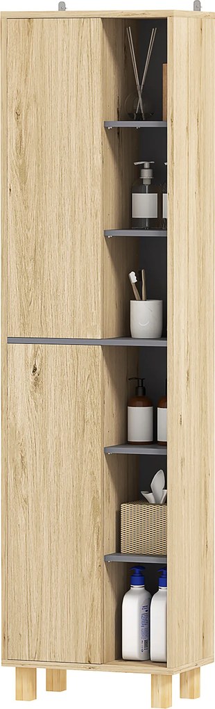 Móvel de coluna para casa de banho, armário de casa de banho com 6 compartimentos abertos e 2 portas, madeira natural