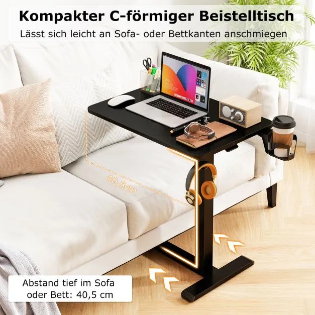 Mesa de computador com rodas ocultas, ajustável em altura com suporte para copos e gancho, preta