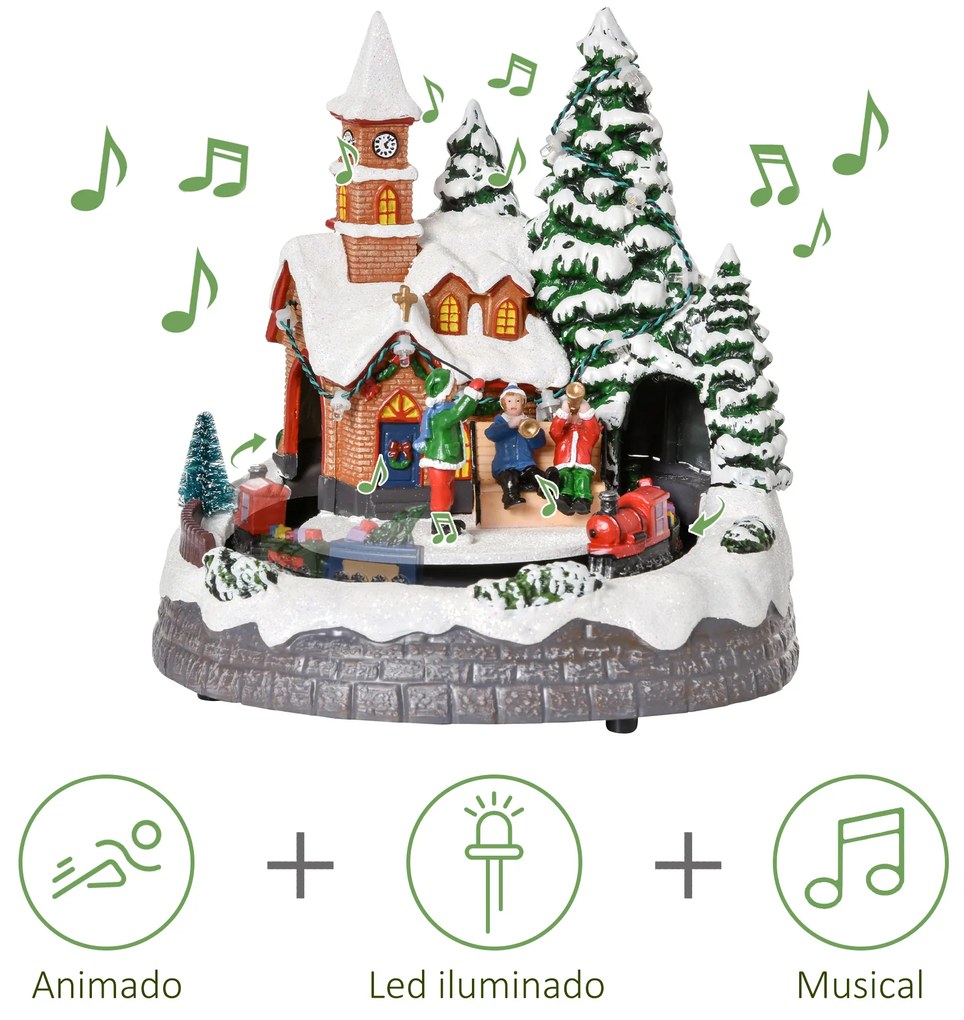 HOMCOM Aldeia de Natal com Luzes LED Trem Giratório e Música Decoração de Natal 19,3x17,9x20,2cm Multicor