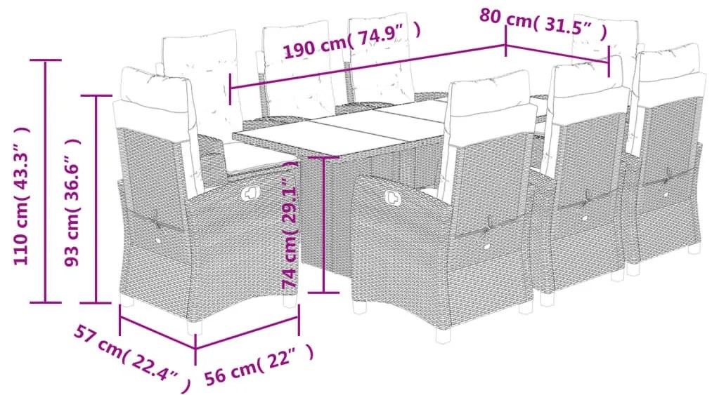 9 pcs conjunto de jantar p/ jardim com almofadões vime PE bege